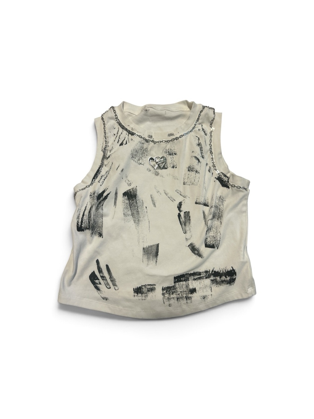 Girls Cream Tank Top with Black Brushstroke Design and Heart Accent